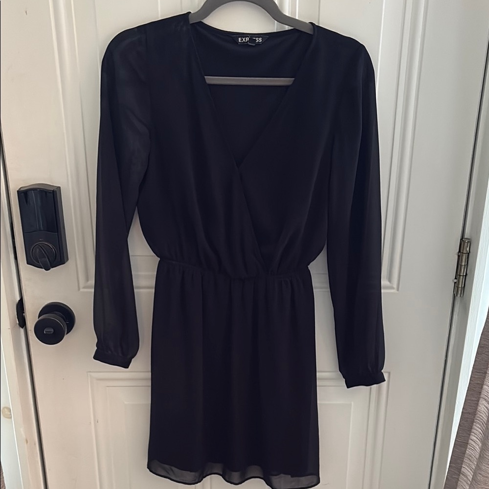 Express Black Sheath Dress with Bishop Sleeves and V-neck